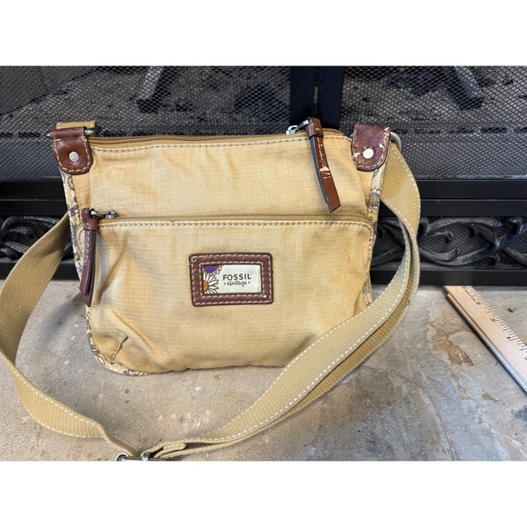 Fossil Handbags - Fossil‎ Canvas Crossbody Bag Tan Patchwork Lined Small Purse Leather Wear
